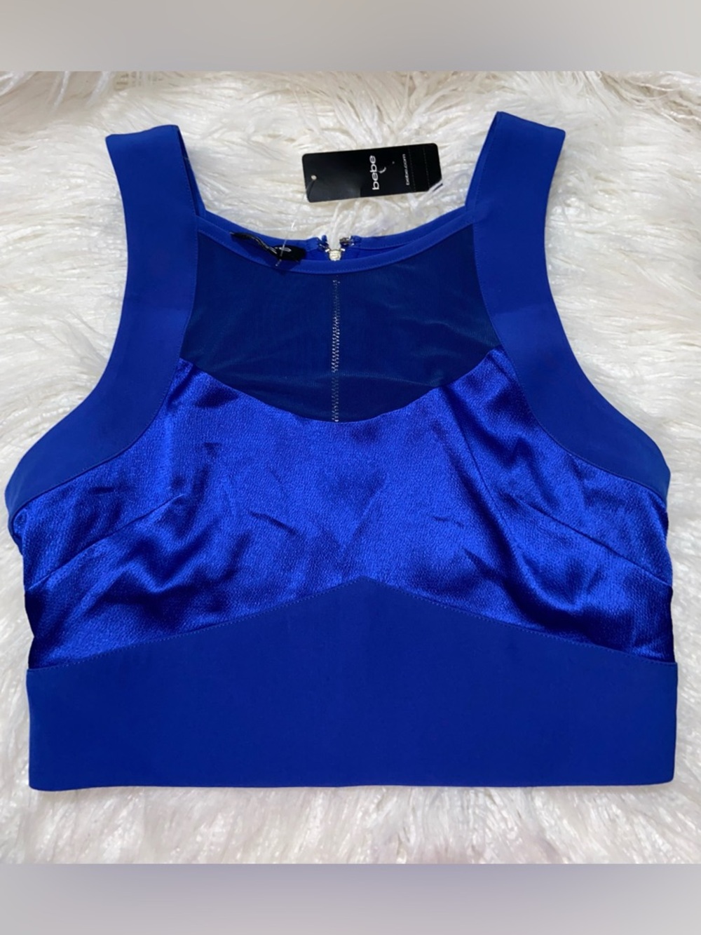 bebe Cobalt Blue Satin & Mesh Crop Tank